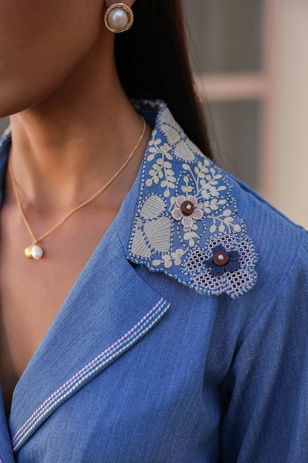 Raw & Rustic By Niti Bothra_Blue Tencel, Denim Embroidery Collared 3d Dori Flower Jacket Set _at_Aza_Fashions