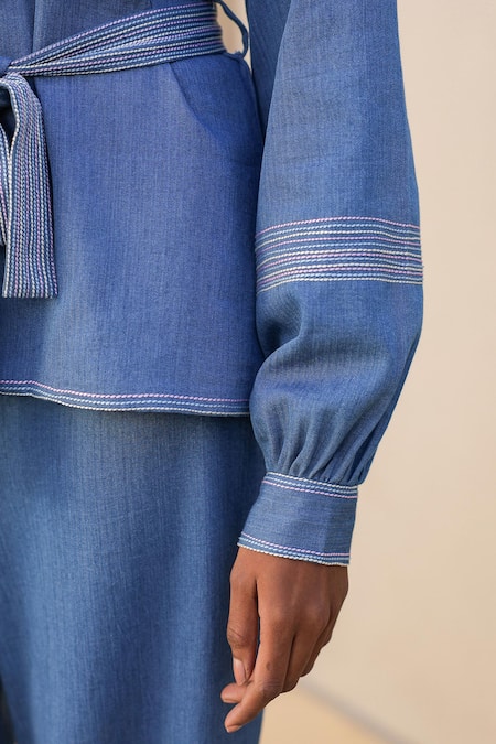 Buy_Raw & Rustic By Niti Bothra_Blue Tencel, Denim Embroidery Collared 3d Dori Flower Jacket Set 