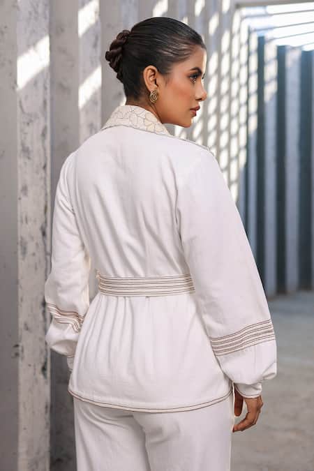 Shop_Raw & Rustic By Niti Bothra_White Cotton, Denim Embroidery Collared 3d Dori Floret Jacket Set _at_Aza_Fashions