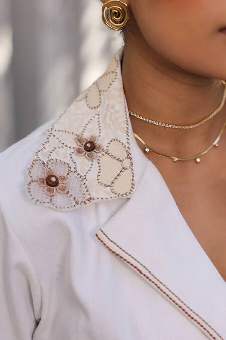 Raw & Rustic By Niti Bothra_White Cotton, Denim Embroidery Collared 3d Dori Floret Jacket Set _Online_at_Aza_Fashions