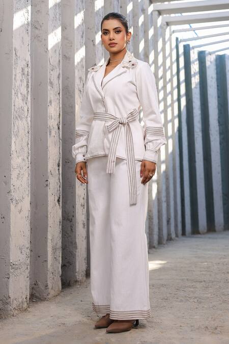 Shop_Raw & Rustic By Niti Bothra_White Cotton, Denim Embroidery Collared 3d Dori Floret Jacket Set _Online_at_Aza_Fashions