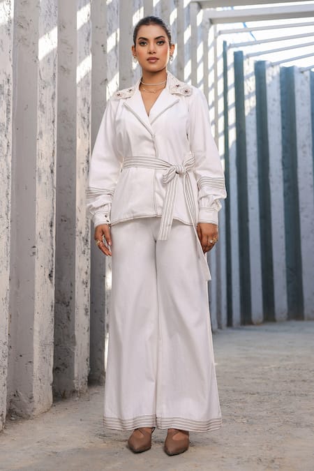 Raw & Rustic By Niti Bothra_White Cotton, Denim Embroidery Collared 3d Dori Floret Jacket Set _at_Aza_Fashions