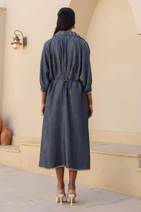 Shop_Raw & Rustic By Niti Bothra_Blue Tencel, Denim Pearls Collared Embroidered Detail Midi Dress _at_Aza_Fashions