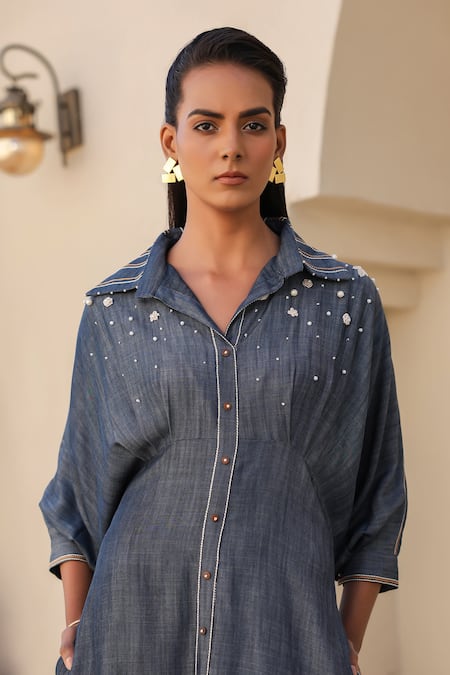 Buy_Raw & Rustic By Niti Bothra_Blue Tencel, Denim Pearls Collared Embroidered Detail Midi Dress _Online_at_Aza_Fashions