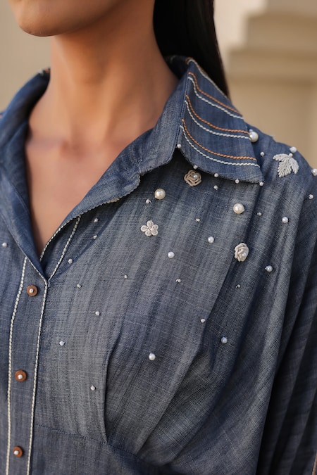 Shop_Raw & Rustic By Niti Bothra_Blue Tencel, Denim Pearls Collared Embroidered Detail Midi Dress _Online_at_Aza_Fashions