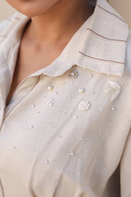 Shop_Raw & Rustic By Niti Bothra_Ivory Linen, Cotton Pearls Collared Embellished Midi Dress _Online_at_Aza_Fashions