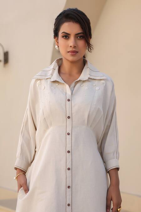 Raw & Rustic By Niti Bothra_Ivory Linen, Cotton Pearls Collared Embellished Midi Dress _at_Aza_Fashions