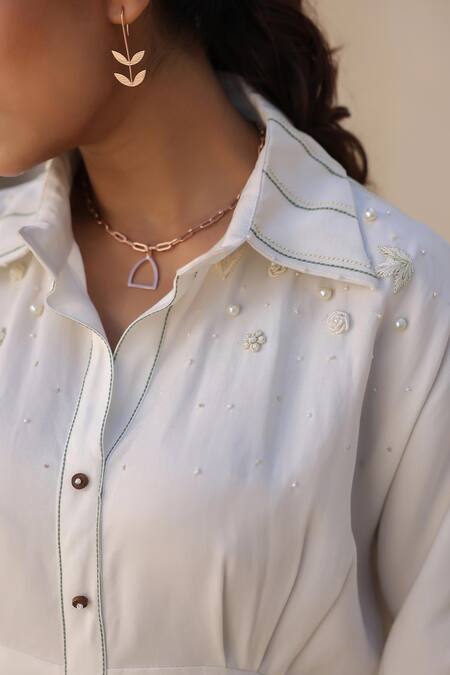 Raw & Rustic By Niti Bothra_White Tencel Pearls Collared Embellished Kaftan Dress _Online_at_Aza_Fashions