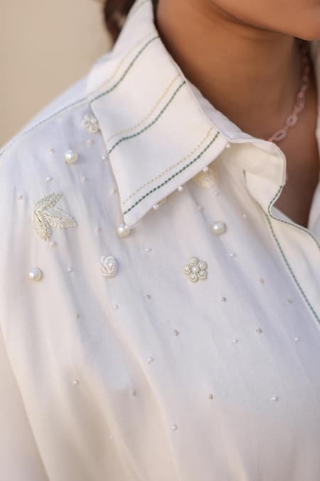 Buy_Raw & Rustic By Niti Bothra_White Tencel Pearls Collared Embellished Kaftan Dress _Online_at_Aza_Fashions