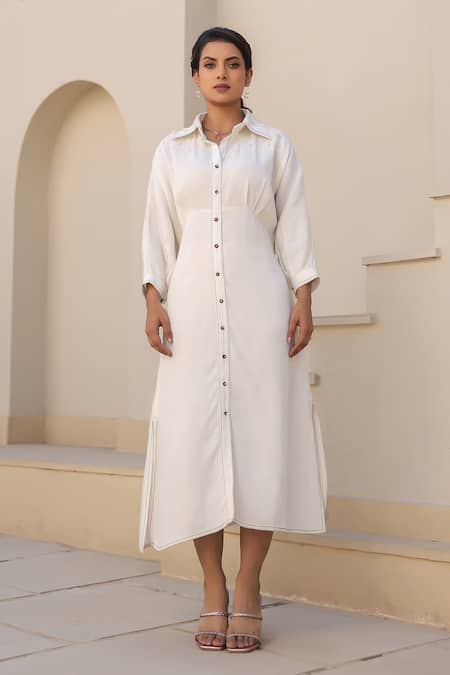 Shop_Raw & Rustic By Niti Bothra_White Tencel Pearls Collared Embellished Kaftan Dress _Online_at_Aza_Fashions
