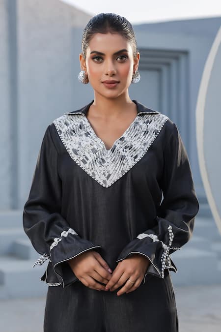 Raw & Rustic By Niti Bothra_Black Tencel, Denim Embroidery Collared Printed Pintucked Top And Pant Set _Online_at_Aza_Fashions