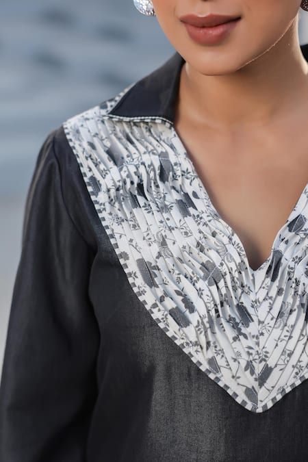 Buy_Raw & Rustic By Niti Bothra_Black Tencel, Denim Embroidery Collared Printed Pintucked Top And Pant Set _Online_at_Aza_Fashions