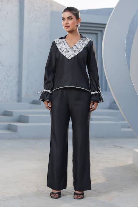Shop_Raw & Rustic By Niti Bothra_Black Tencel, Denim Embroidery Collared Printed Pintucked Top And Pant Set _at_Aza_Fashions