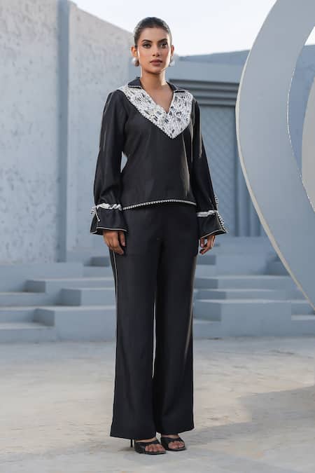 Buy_Raw & Rustic By Niti Bothra_Black Tencel, Denim Embroidery Collared Printed Pintucked Top And Pant Set 