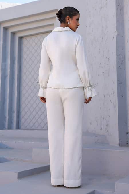 Shop_Raw & Rustic By Niti Bothra_White Tencel, Denim Embroidery Collared Floral Print Top And Pant Set _at_Aza_Fashions