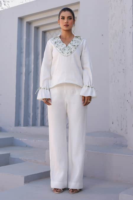 Buy_Raw & Rustic By Niti Bothra_White Tencel, Denim Embroidery Collared Floral Print Top And Pant Set _Online_at_Aza_Fashions