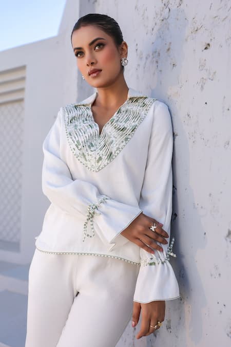 Shop_Raw & Rustic By Niti Bothra_White Tencel, Denim Embroidery Collared Floral Print Top And Pant Set _Online_at_Aza_Fashions