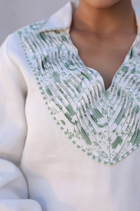 Raw & Rustic By Niti Bothra_White Tencel, Denim Embroidery Collared Floral Print Top And Pant Set _at_Aza_Fashions