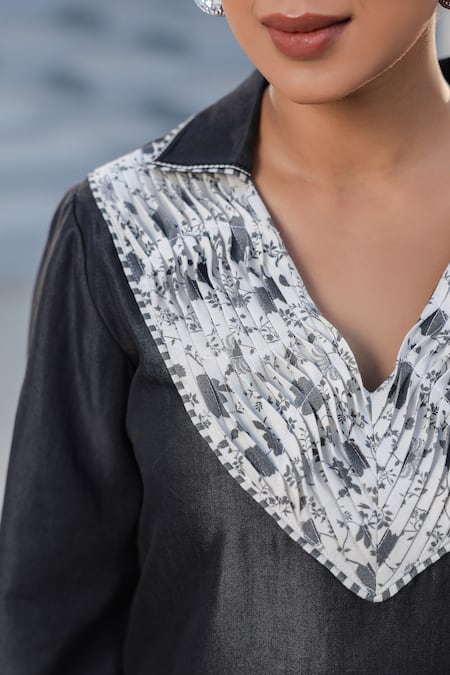 Shop_Raw & Rustic By Niti Bothra_Black Tencel V-neck Floral V Top _at_Aza_Fashions