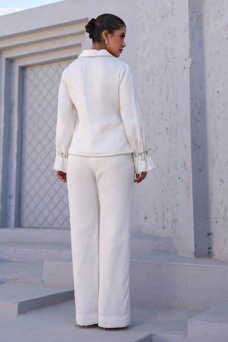 Shop_Raw & Rustic By Niti Bothra_White Tencel Collared Floral Placement Print Top _at_Aza_Fashions