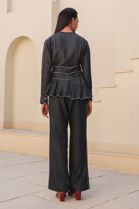 Shop_Raw & Rustic By Niti Bothra_Black Tencel Embroidery Mandarin Collar Peplum Top And Pant Set _at_Aza_Fashions