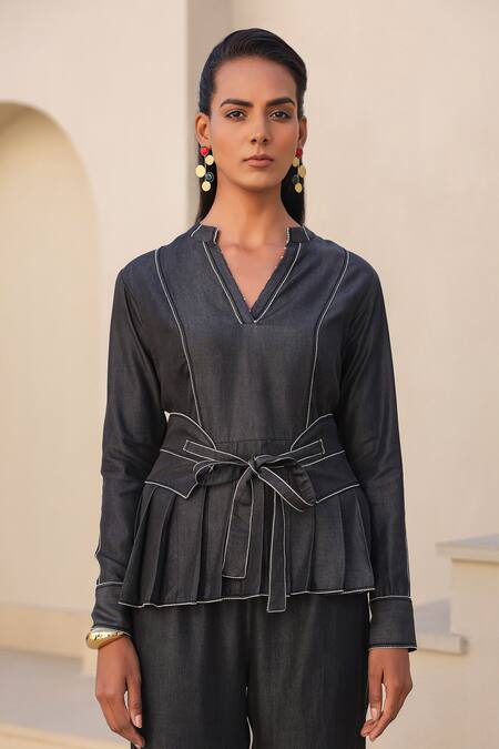 Shop_Raw & Rustic By Niti Bothra_Black Tencel Embroidery Mandarin Collar Peplum Top And Pant Set _Online_at_Aza_Fashions