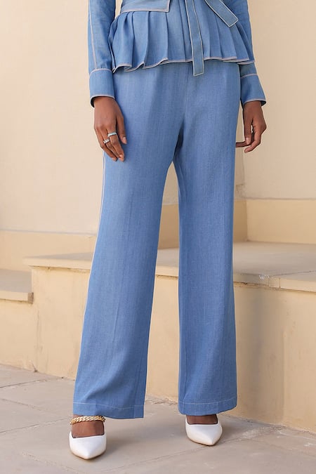 Raw & Rustic By Niti Bothra_Blue Tencel Embroidery Mandarin Collar Peplum Top And Pant Set _Online_at_Aza_Fashions