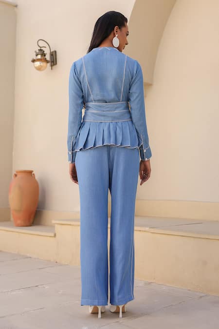 Shop_Raw & Rustic By Niti Bothra_Blue Tencel Embroidery Mandarin Collar Peplum Top And Pant Set _at_Aza_Fashions