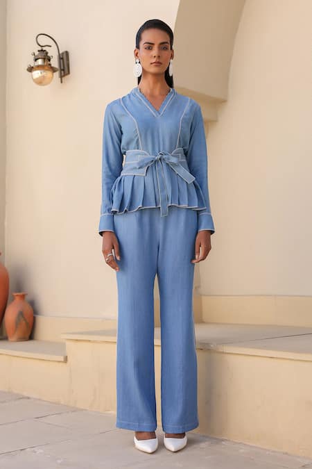 Buy_Raw & Rustic By Niti Bothra_Blue Tencel Embroidery Mandarin Collar Peplum Top And Pant Set _Online_at_Aza_Fashions
