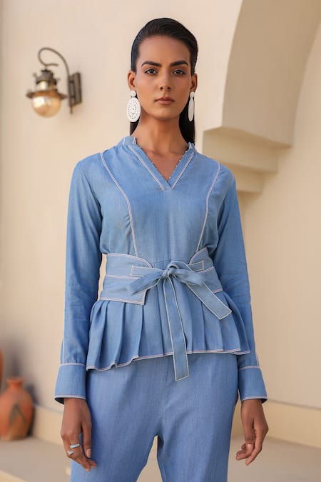 Raw & Rustic By Niti Bothra_Blue Tencel Embroidery Mandarin Collar Peplum Top And Pant Set _at_Aza_Fashions