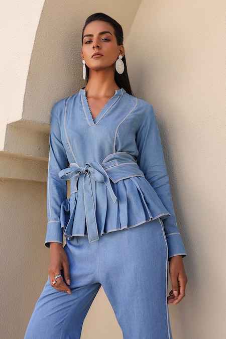 Buy_Raw & Rustic By Niti Bothra_Blue Tencel Embroidery Mandarin Collar Peplum Top And Pant Set 