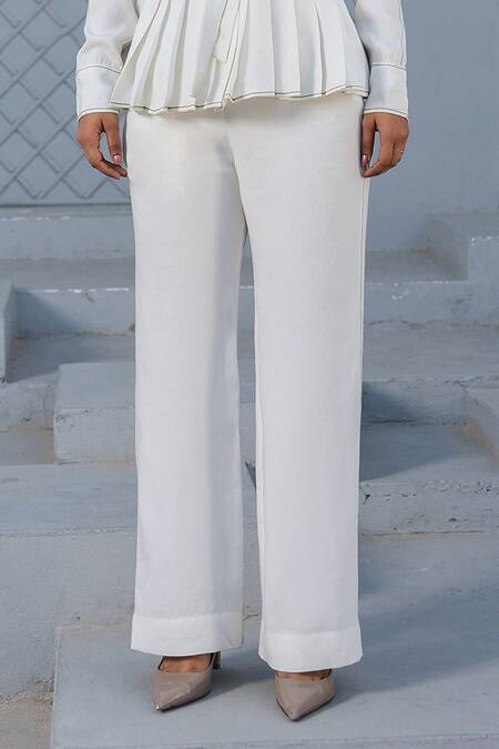 Raw & Rustic By Niti Bothra White Tencel Embroidery Mandarin Collar Peplum Top And Pant Set Online at Aza Fashions Raw & Rustic By Niti Bothra_White Tencel Embroidery Mandarin Collar Peplum Top And Pant Set _Online_at_Aza_Fashions