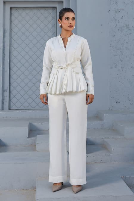 Raw & Rustic By Niti Bothra_White Tencel Embroidery Mandarin Collar Peplum Top And Pant Set _at_Aza_Fashions