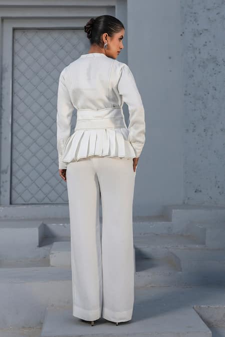Shop_Raw & Rustic By Niti Bothra_White Tencel Embroidery Mandarin Collar Peplum Top And Pant Set _at_Aza_Fashions