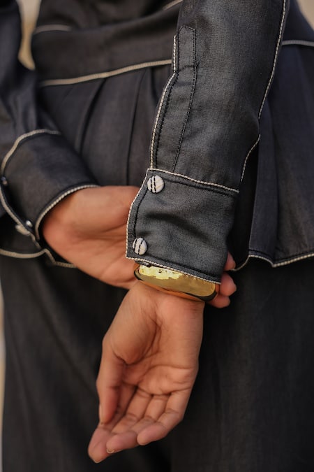 Raw & Rustic By Niti Bothra_Black Tencel Embroidery Mandarin Collar Peplum Top _Online_at_Aza_Fashions