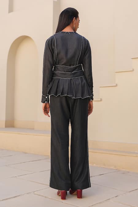 Shop_Raw & Rustic By Niti Bothra_Black Tencel Embroidery Mandarin Collar Peplum Top _at_Aza_Fashions
