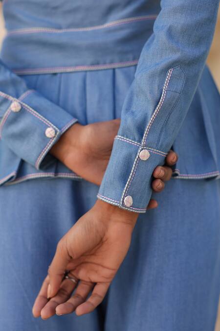 Raw & Rustic By Niti Bothra_Blue Tencel Embroidery Mandarin Collar French Knots Peplum Top _Online_at_Aza_Fashions