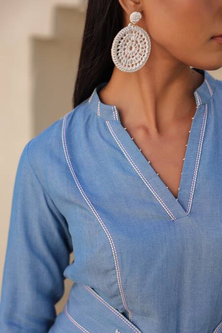 Buy_Raw & Rustic By Niti Bothra_Blue Tencel Embroidery Mandarin Collar French Knots Peplum Top _Online_at_Aza_Fashions