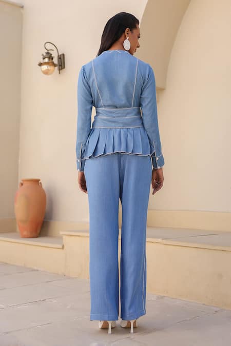 Shop_Raw & Rustic By Niti Bothra_Blue Tencel Embroidery Mandarin Collar French Knots Peplum Top _at_Aza_Fashions