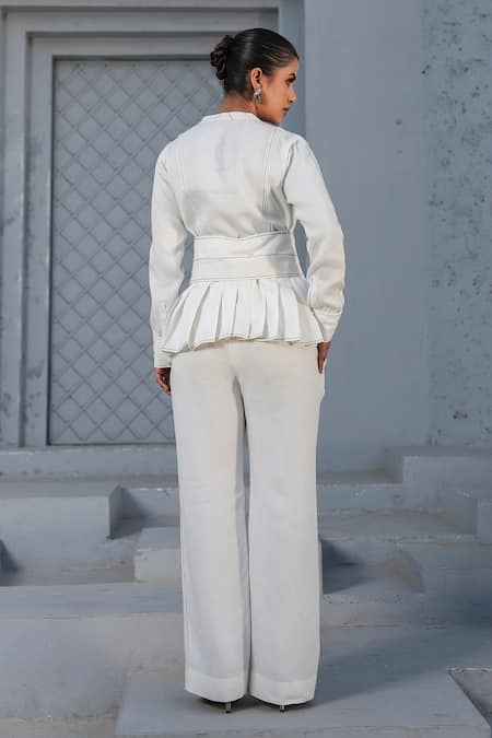 Shop_Raw & Rustic By Niti Bothra_White Tencel Embroidery Mandarin Collar Peplum Top _at_Aza_Fashions