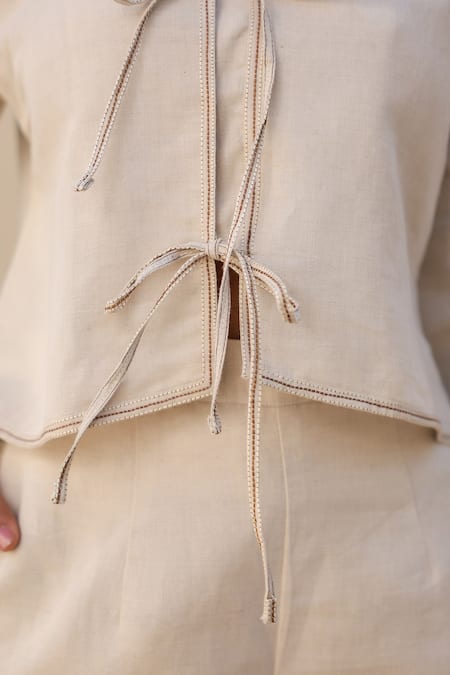 Raw & Rustic By Niti Bothra_Ivory Linen, Cotton Embroidery Collared Floral Shirt And Pant Set _Online_at_Aza_Fashions