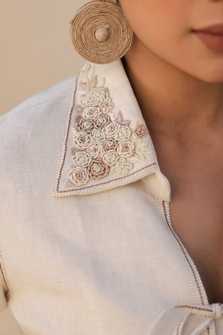 Buy_Raw & Rustic By Niti Bothra_Ivory Linen, Cotton Embroidery Collared Floral Shirt And Pant Set _Online_at_Aza_Fashions