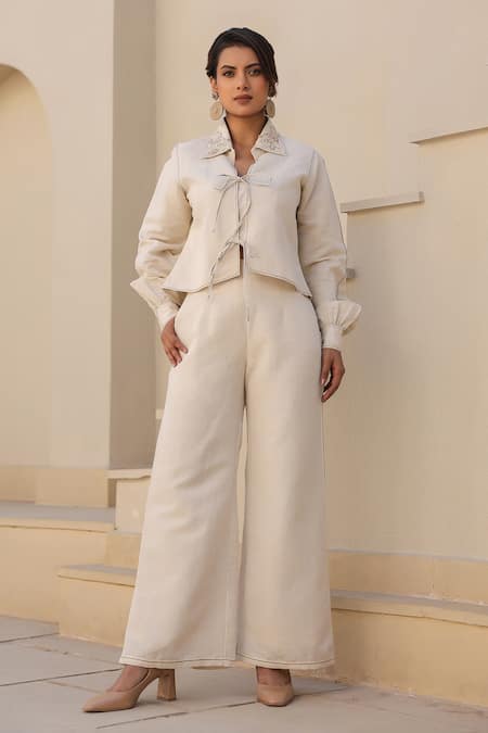 Shop_Raw & Rustic By Niti Bothra_Ivory Linen, Cotton Embroidery Collared Floral Shirt And Pant Set _at_Aza_Fashions