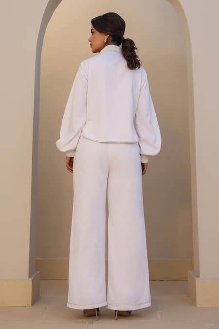 Shop_Raw & Rustic By Niti Bothra_White Cotton, Denim Embroidery Collared Floral Shirt And Pant Set _at_Aza_Fashions