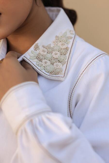 Buy_Raw & Rustic By Niti Bothra_White Cotton, Denim Embroidery Collared Floral Shirt And Pant Set _Online_at_Aza_Fashions