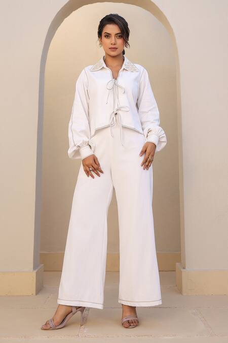 Raw & Rustic By Niti Bothra_White Cotton, Denim Embroidery Collared Floral Shirt And Pant Set _at_Aza_Fashions