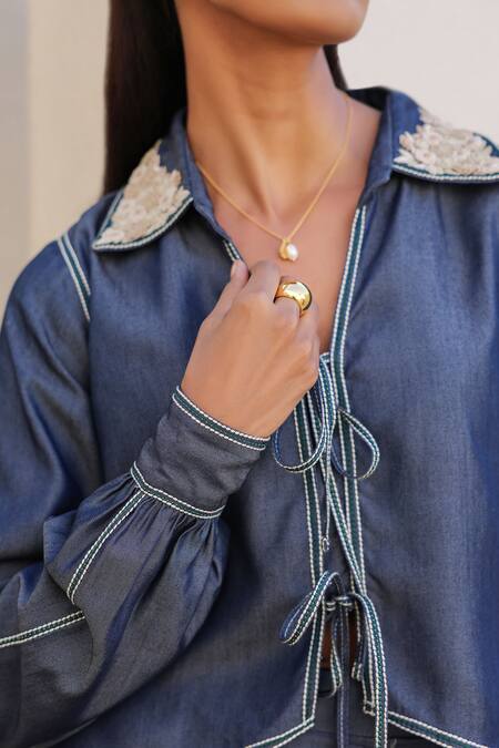 Buy_Raw & Rustic By Niti Bothra_Blue Tencel Embroidery Collared Floral Denim Shirt And Pant Set _Online_at_Aza_Fashions