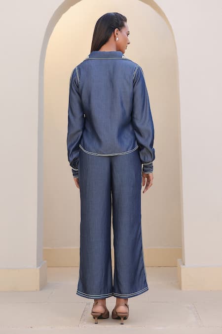 Shop_Raw & Rustic By Niti Bothra_Blue Tencel Embroidery Collared Floral Denim Shirt And Pant Set _at_Aza_Fashions