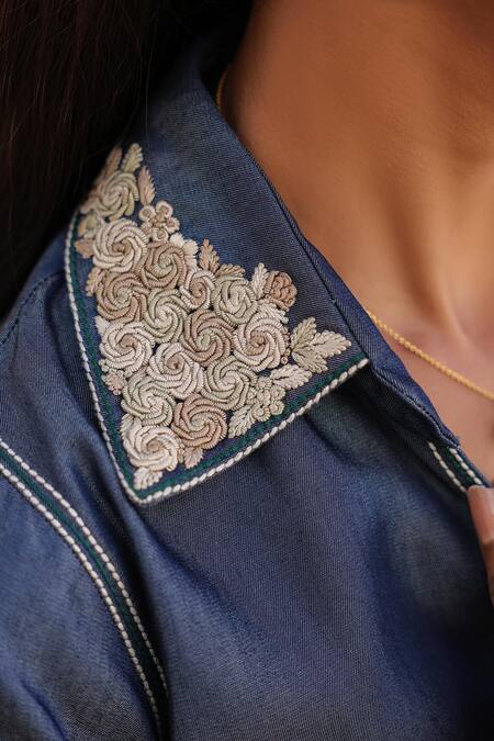 Shop_Raw & Rustic By Niti Bothra_Blue Tencel Embroidery Collared Floral Denim Shirt And Pant Set _Online_at_Aza_Fashions