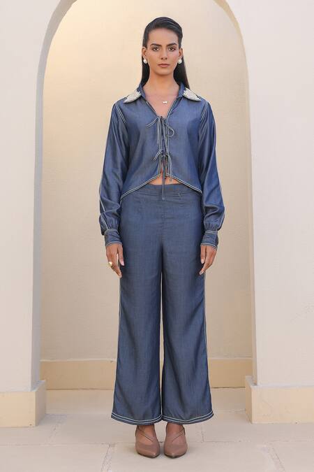 Raw & Rustic By Niti Bothra_Blue Tencel Embroidery Collared Floral Denim Shirt And Pant Set _at_Aza_Fashions